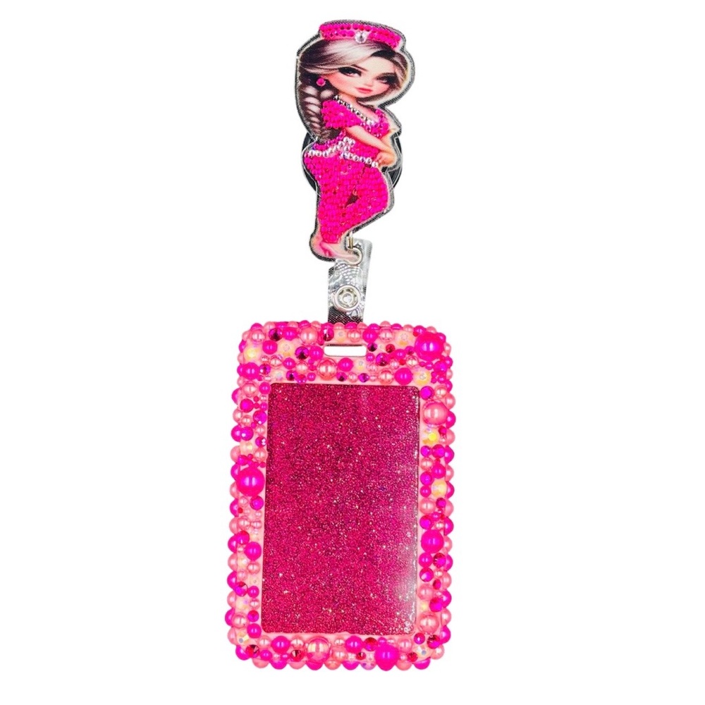 Bling Pearl Fashion Work Name Badge ID Card Holder & Retractable Clip Dark Pink